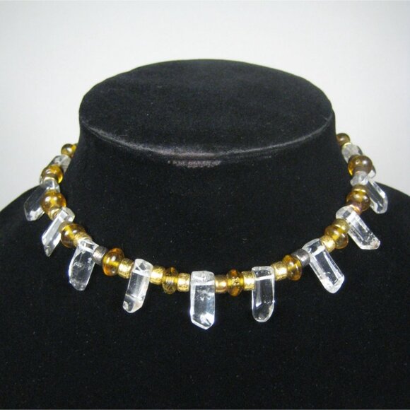 Crystal Stone Beaded Necklace 16 Inch Choker Collar Goldtone Strand Glass FLAW - Picture 5 of 9